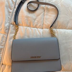 Michael Kors Light Gray Blue Saffiano Leather Crossbody with Gold Chain